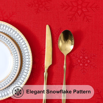 Rectangle Christmas Tablecloth 60X84 Inch, Waterproof Damask Table Cloth, Snowflake Patterns Fabric Table Covers for Christmas Dinner, and New Year Celebration, Red