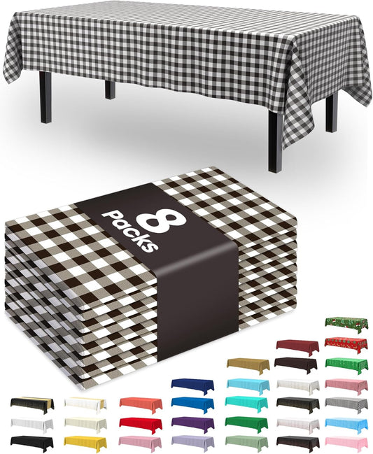 Plastic Table Cloth Disposable 8 Pack, 54 X 108 Inch Table Cloths, Party, Picnic, Decorative Gingham Tablecloths, Rectangle, Black and White Checkered Cover, Leakproof & Sturdy, Black Plaid