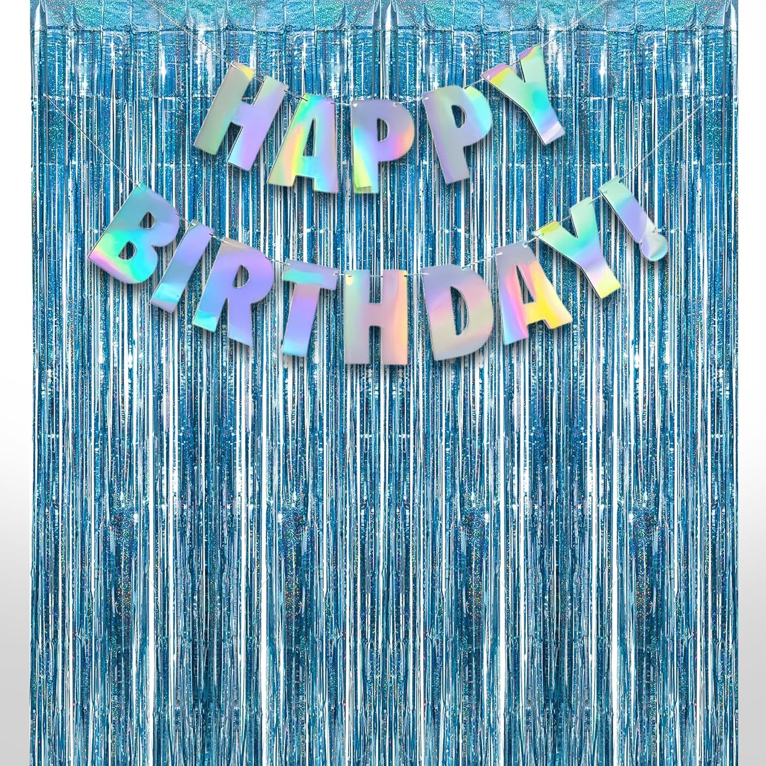Blue Tinsel Curtain Party Backdrop and Holographic Banner for Frozen Decorations