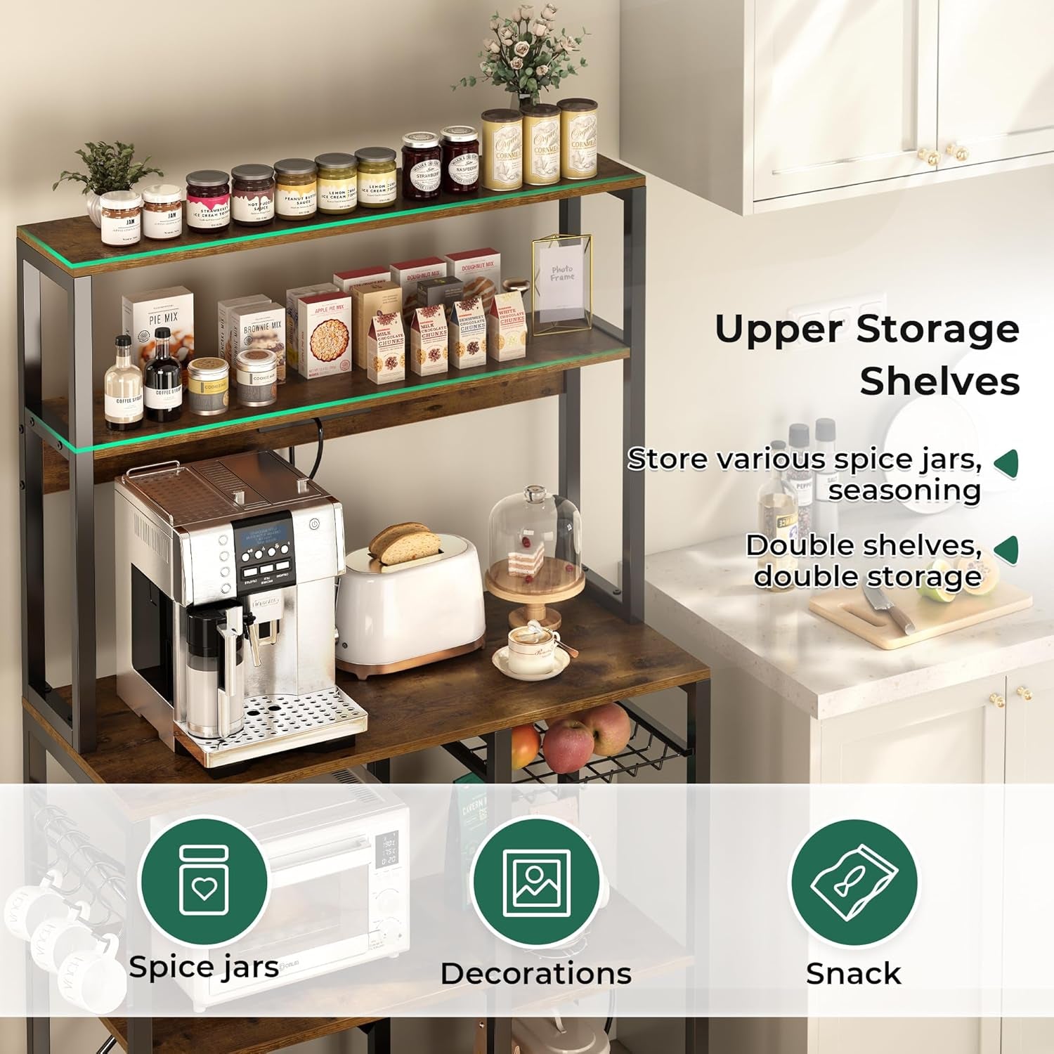 Rustic Brown Bakers Rack with Power Outlet, 35.4-Inch Coffee Bar, Microwave Stand with Wire Basket and 6 S-Shaped Hooks, Open Storage Shelves