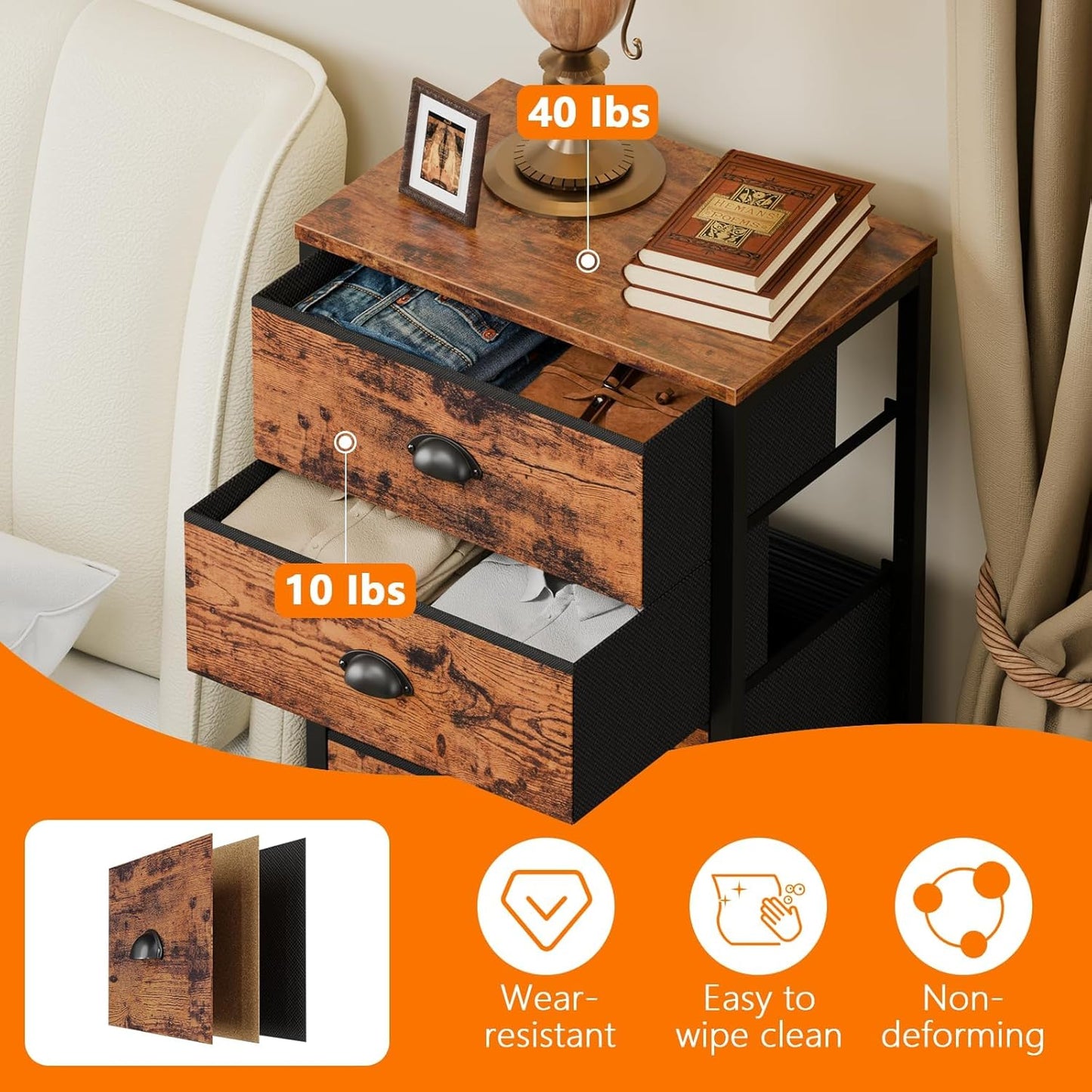 Industrial-Style Tall Dresser with 6 Drawers, Vertical End Table, and Nightstand for Bedroom, Featuring Fabric Storage Drawer Organizer for Living Room, Closet, and Entryway (Rustic Brown)