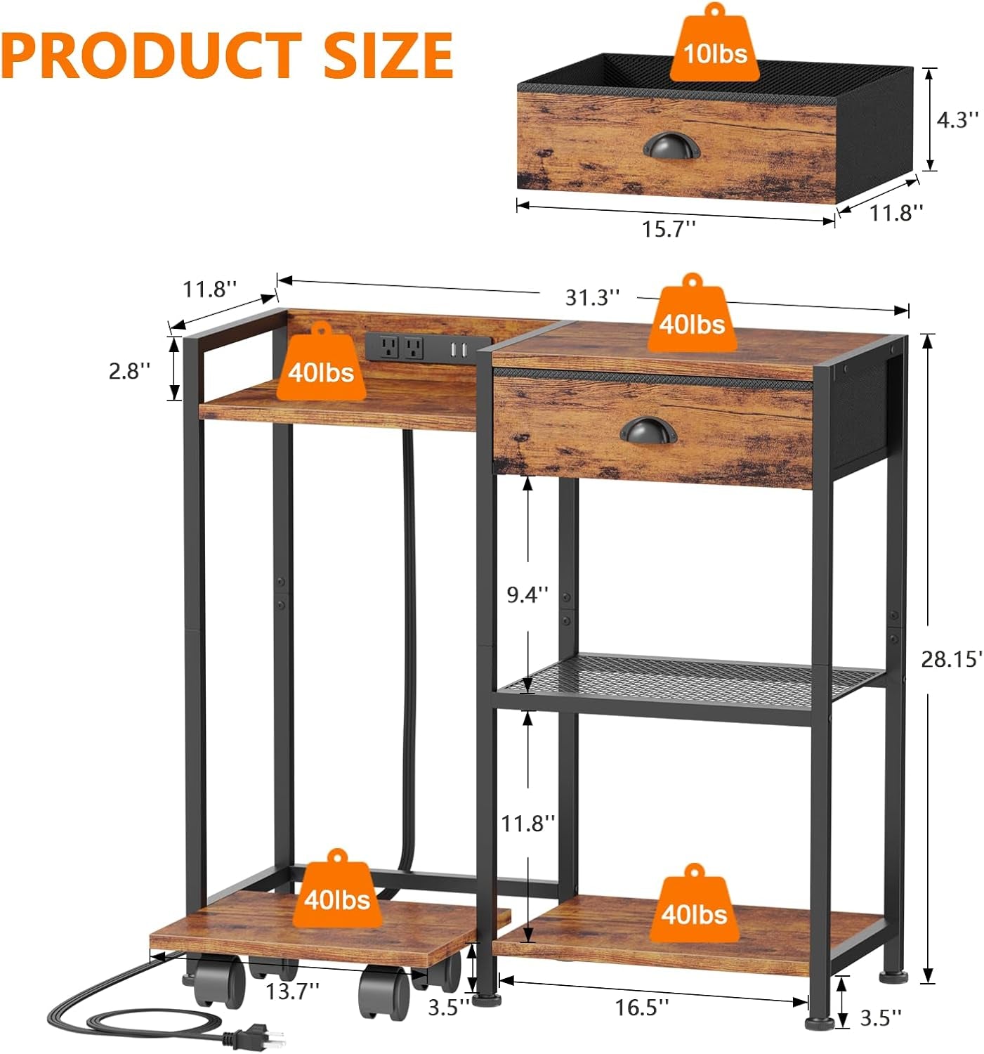 Printer Stand with Storage Drawer,Printer Table with Charging Station and USB Port,Industrial 3 Tier Shelf, Shredder Stand with Wheels,For Home Office,Rustic Brown