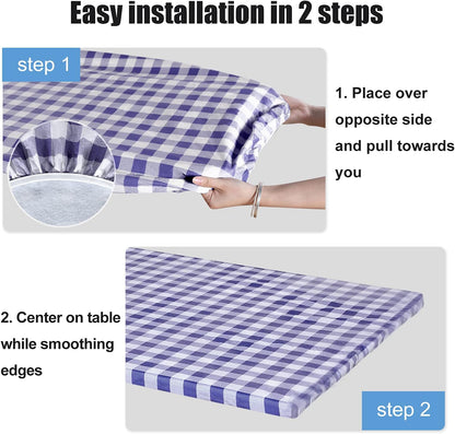 Waterproof Checkered Picnic Table Cover - 30" x 72" Vinyl Fitted Tablecloth with Flannel Backing for Outdoor Use, Ideal for Camping, Travel, Holidays, and Parties, Navy