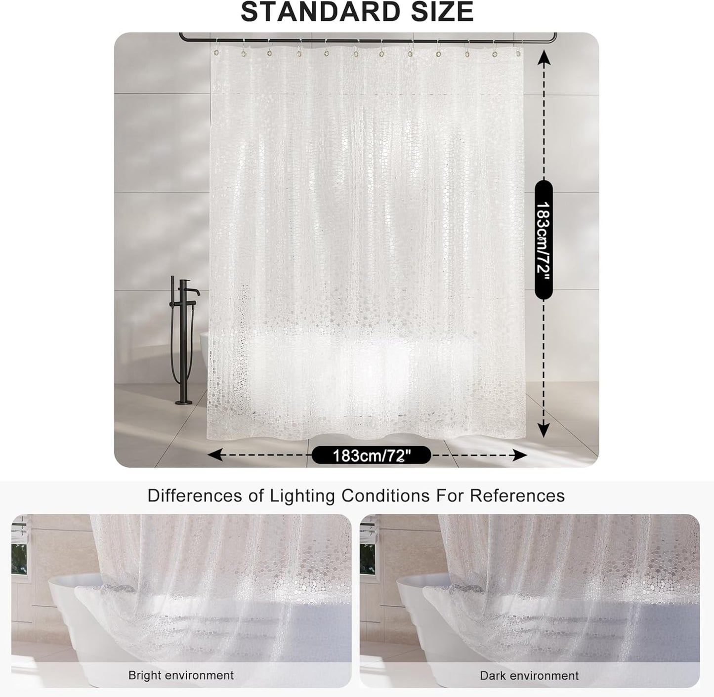 Heavy Duty Shower Curtain Liner, 100% EVA Clear Shower Curtain and Liner 2-In-1, 72X72 Luxury Plastic Weighted Bathroom Cobble Shower Liner, 12 Rustproof Grommets & 3 Heavyweight Stones