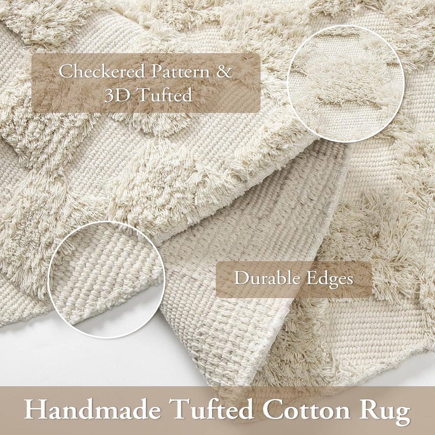 Checkered Boho round Rug 3Ft, Small Beige Circle Bathroom Nursery Rug Cotton Indoor Bath Door Mat with Tufted, Farmhouse Checkerboard Washable Cream Carpet for Dorm Entryway Room Decor