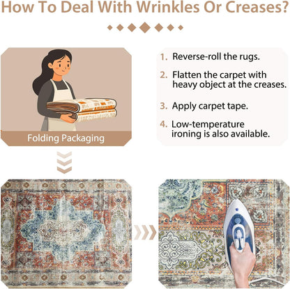 4Ft Area Rugs Machine Washable No Pile Non Slip Vintage Rugs for Living Room&Bedroom&Dinning Room Bohemian Distressed Carpet Indoor,Brick