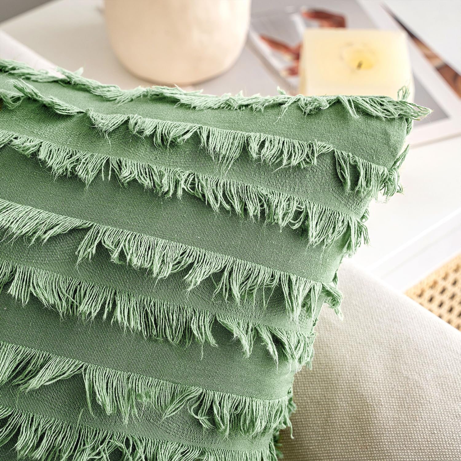 Set of 2 Decorative Boho Throw Pillow Covers Linen Striped Jacquard Pattern Cushion Covers for Spring Sofa Couch Living Room Bedroom 18X18 Inch Grass Green