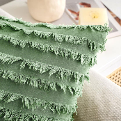 Set of 2 Decorative Boho Throw Pillow Covers Linen Striped Jacquard Pattern Cushion Covers for Spring Sofa Couch Living Room Bedroom 18X18 Inch Grass Green