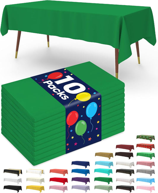 Plastic Table Cloth Disposable 10 Pack, 52 X 70 Inch Table Cloths, St Patricks Day, Christmas Decorations, Tablecloths, Rectangle, Forest, Plastic Cover, Waterproof & Sturdy, Green