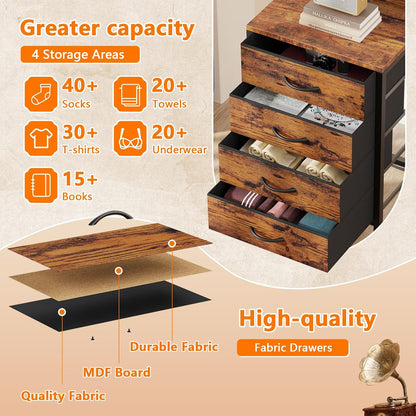 38-Inch Tall Nightstand with Charging Station, 4 Fabric Drawers, LED Lights, and Storage Shelf - Rustic Brown Metal Frame and Wood Shelves for Bedroom or Office