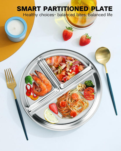 Stainless Steel Kids Plates 2 Packs, 9" Portion Control Plate Divided Plates for Adults Bariatric Weight Loss & Diabetic Diet, [Non Toxic Unbreakable] Toddlers Lunch Dishes, Camping Food Tray