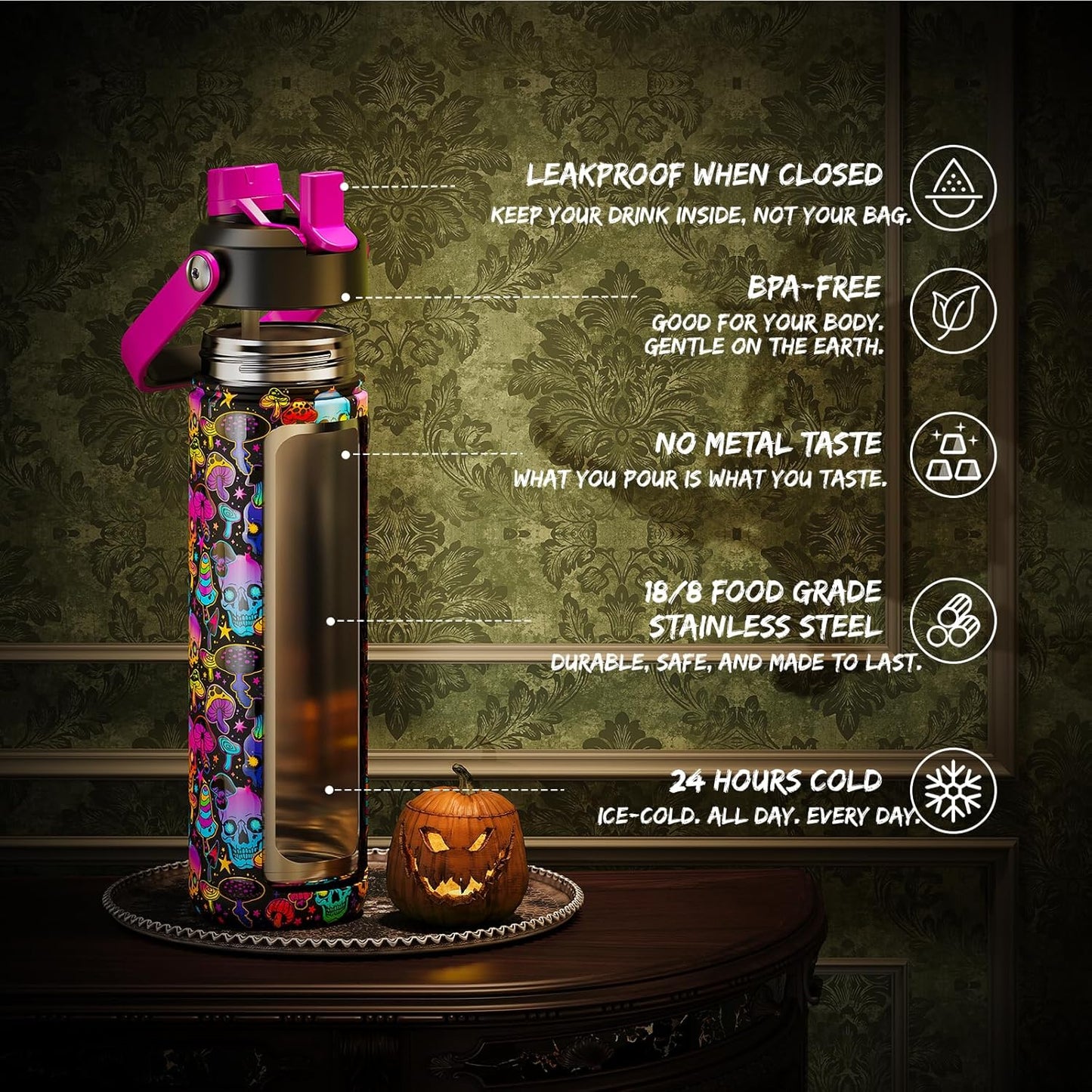 Halloween Insulated Water Bottle with Straw, Stainless Steel Water Bottle, Leak Proof Bpa-Free, Keeps Cold for 24 Hours for Sports, Skull Spooky Holiday Gifts (26 Oz, Trippy Skulls)