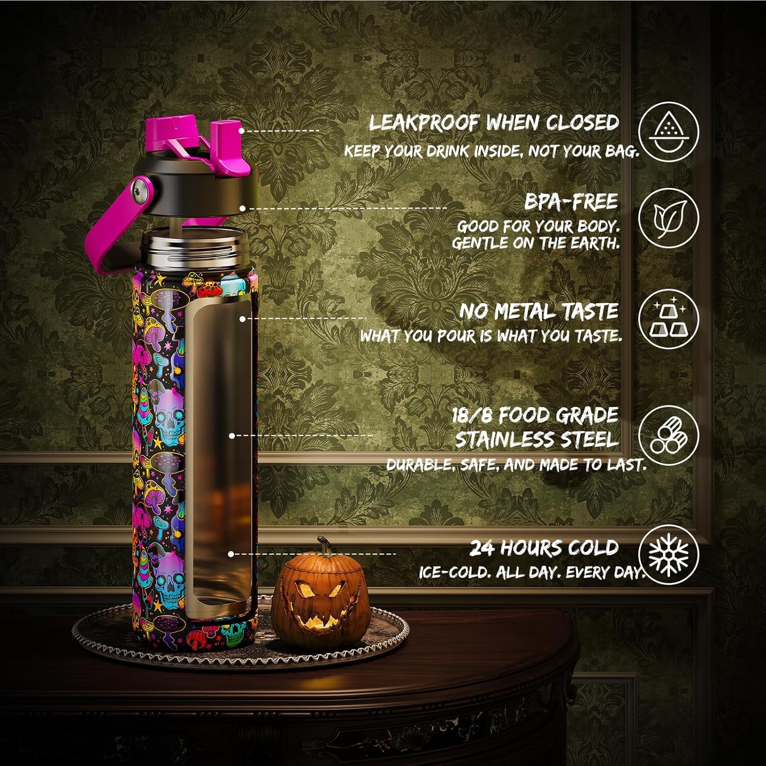 Halloween Insulated Water Bottle with Straw, Stainless Steel Water Bottle, Leak Proof Bpa-Free, Keeps Cold for 24 Hours for Sports, Skull Spooky Holiday Gifts (26 Oz, Trippy Skulls)