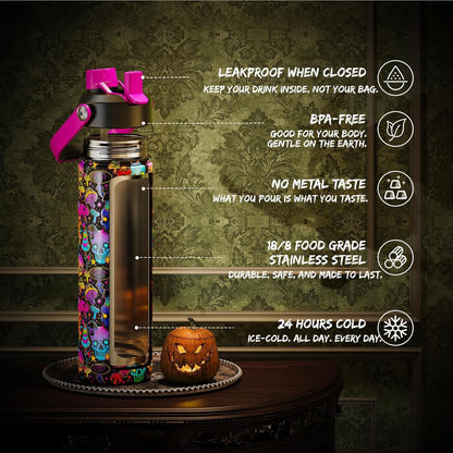 Halloween Insulated Water Bottle with Straw, Stainless Steel Water Bottle, Leak Proof Bpa-Free, Keeps Cold for 24 Hours for Sports, Skull Spooky Holiday Gifts (26 Oz, Trippy Skulls)
