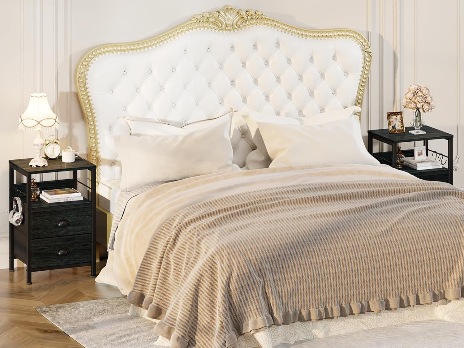 Nightstands Set 2, End Tables with 2 Fabric Drawers, Bedside Tables with Hooks and Shelf, Side Tables for Bedroom/Living Room/Study/Black Oak