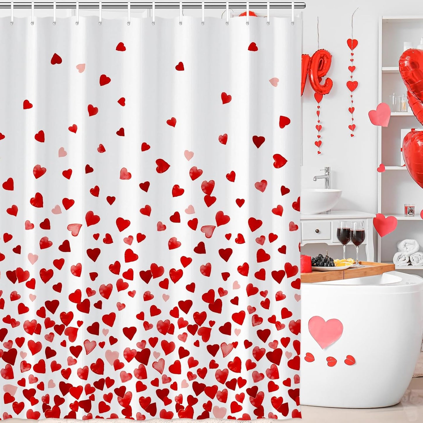 71 X 71 Inches Valentines Shower Curtain Bottom with Pink and Red Love Heart Romantic Bathroom Curtain Waterproof Polyester Curtain Hooks Set for Valentine'S Bathroom Decorations