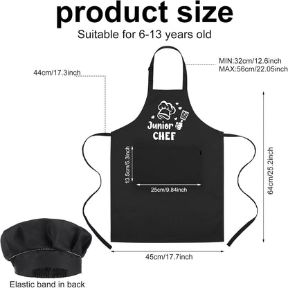 Kids Apron and Chef Hat Set, Funny Apron (Junior CHEF) Adjustable Child Apron with 2 Pockets Waterproof Chef in Training Gifts for Boys and Girls 64 X 45 Cm