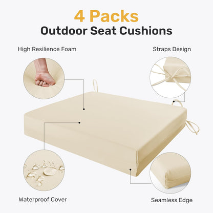 Outdoor Chair Cushions Pack of 4, Water Resistant Patio Cushions with Ties, High Density Sponge Filling Square Corner Seat Cushions for Outdoor Furniture, 18.5"*16"*3", Beige