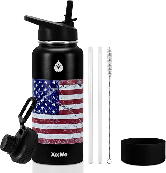 32 Oz Water Bottles,Insulated Water Bottle,Stainless Steel Water Bottles,Double Wall Metal Water Bottle with Straw,2 Lids,Silicone Boot,Sports Water Bottle (American Flag)