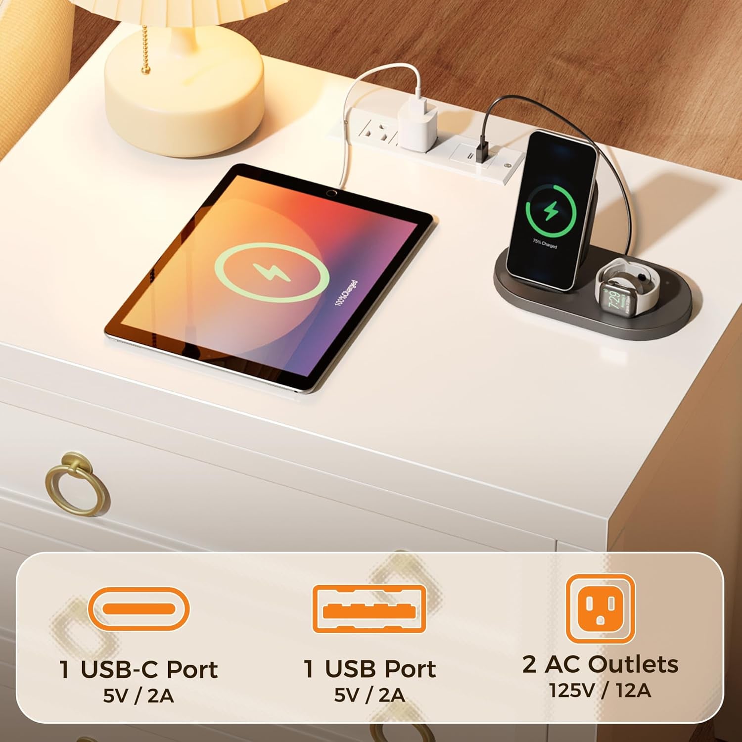 Modern White Nightstand Set of 2 with Charger Station and USB-C Port, 3 Drawer Bedside Tables, Larger and Wider Design for Bedroom