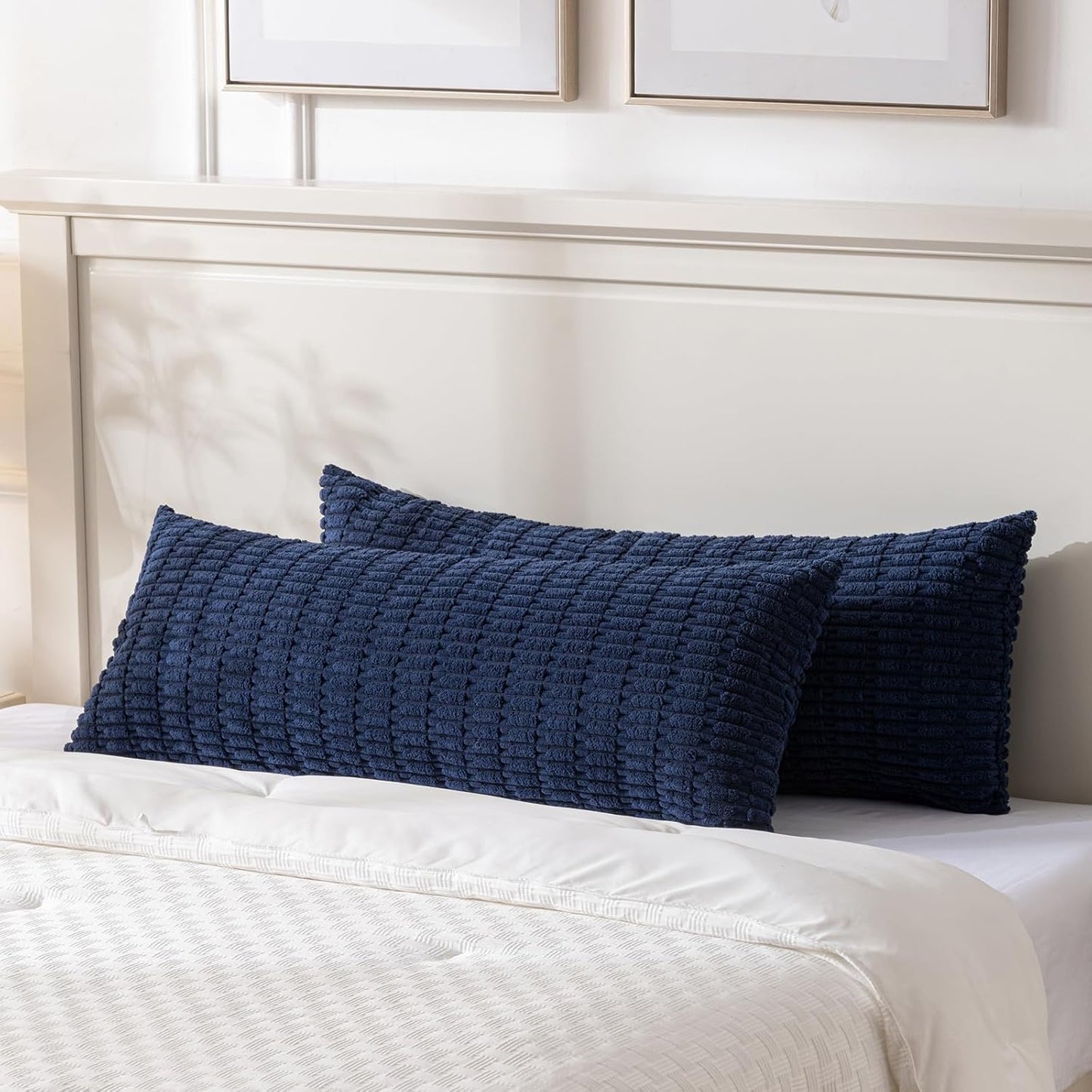 Navy Blue Long Body Lumbar Decorative Throw Pillow Covers 14X36 Inch for Bed Couch Bedroom Bench, Soft Corduroy Rectangle Solid Pillow Case, Rustic Farmhouse Boho Room Decor