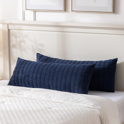 Navy Blue Long Body Lumbar Decorative Throw Pillow Covers 14X36 Inch for Bed Couch Bedroom Bench, Soft Corduroy Rectangle Solid Pillow Case, Rustic Farmhouse Boho Room Decor