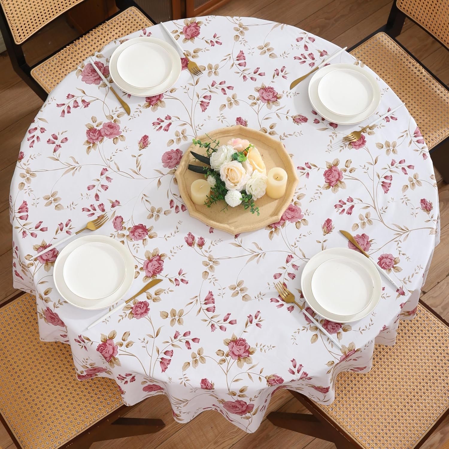 Round Vinyl Tablecloth with Flannel Backing Waterproof Oil-Proof PVC Table Cloth Stain-Resistant Wipeable Table Cover for round Table(48" Round)