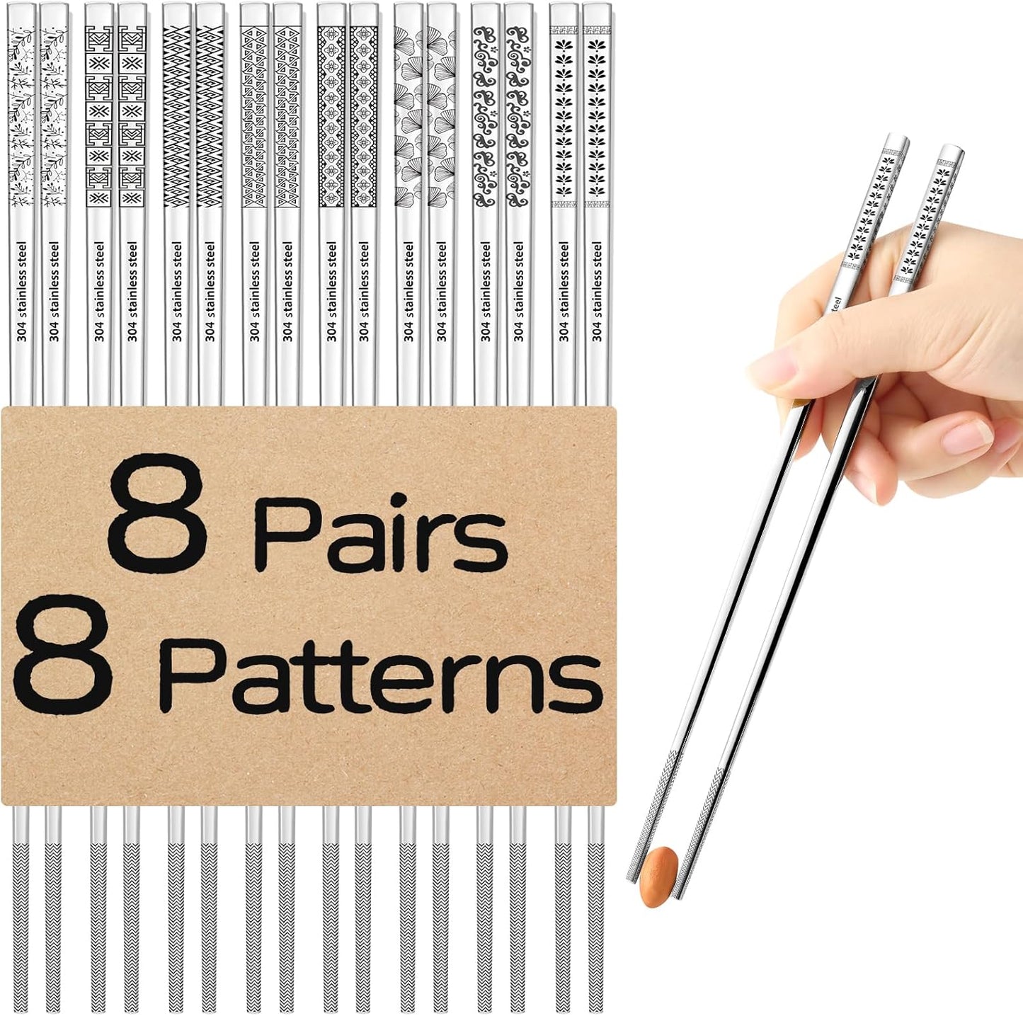 8 Pairs Metal Chopsticks Reusable 18/8 Stainless Steel Chopsticks Set Cute Laser Engraved Non-Slip Japanese Korean Chinese Chopstick for Cooking Eating Dishwasher Safe 9.25" Chop Sticks Gift Set