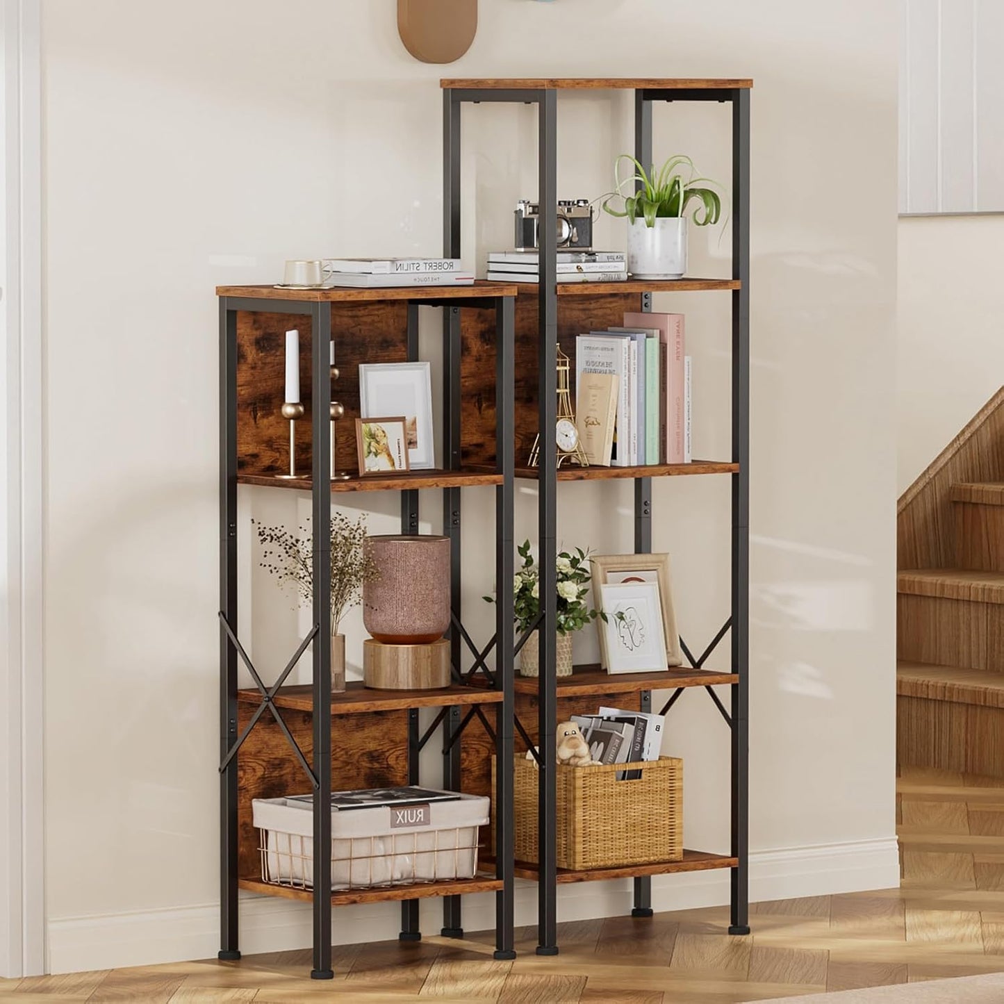 5 Tier Tall Bookshelf with Back, Display Narrow Bookcase, Industrial Storage Corner Shelves Organizer for Bedroom, Living Room, Entryway, Kitchen, Rusitc Brown