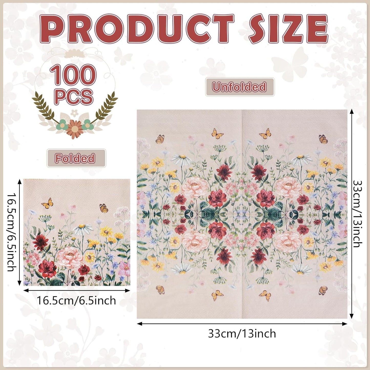 100Pcs Floral Paper Napkins,Spring Wildflower Napkin Disposable Flower Cocktail Napkins for Wedding, Birthday,Baby Shower,Easter,Mothers Day Party Decorations and Supplies