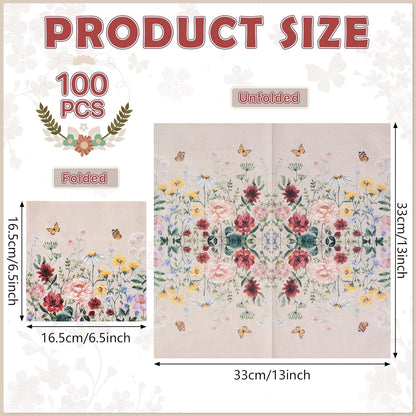 100Pcs Floral Paper Napkins,Spring Wildflower Napkin Disposable Flower Cocktail Napkins for Wedding, Birthday,Baby Shower,Easter,Mothers Day Party Decorations and Supplies