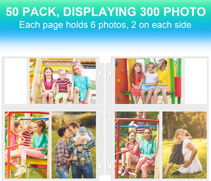 50 Pack 4 X 6 Photo Sleeves for 3 Ring Binder(300 Pictures), Heavy-Duty Archival Photo Page Protectors, Clear Picture Album Refill Pages Holds, Acid-Free