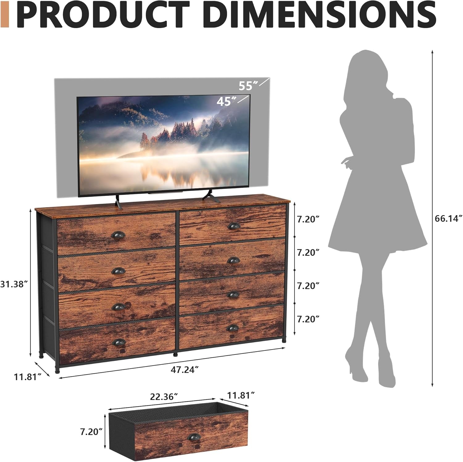 Rustic Brown Long Dresser and TV Stand for 55'' TV with 8 Fabric Bins - Versatile Storage Unit for Bedroom, Office, Dorm, Closet, and Entryway