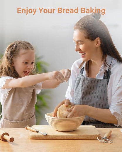 Banneton Bread Proofing Basket Set, 9 Inch round Sourdough Starter Kit, Baking Supplies Tools with Dough Whisk, Scoring Lame, and Other Accessories for Artisan Bread Making
