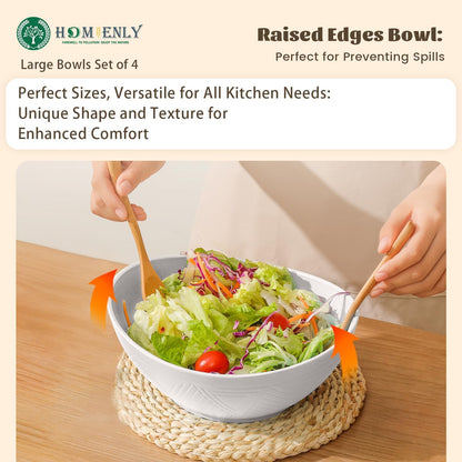 Large 9.6-Inch Oval Serving Bowls Set of 4 - 60 Oz Capacity, Perfect for Salads, Side Dishes, and Pasta, Microwave and Dishwasher Safe, Elegant White Finish