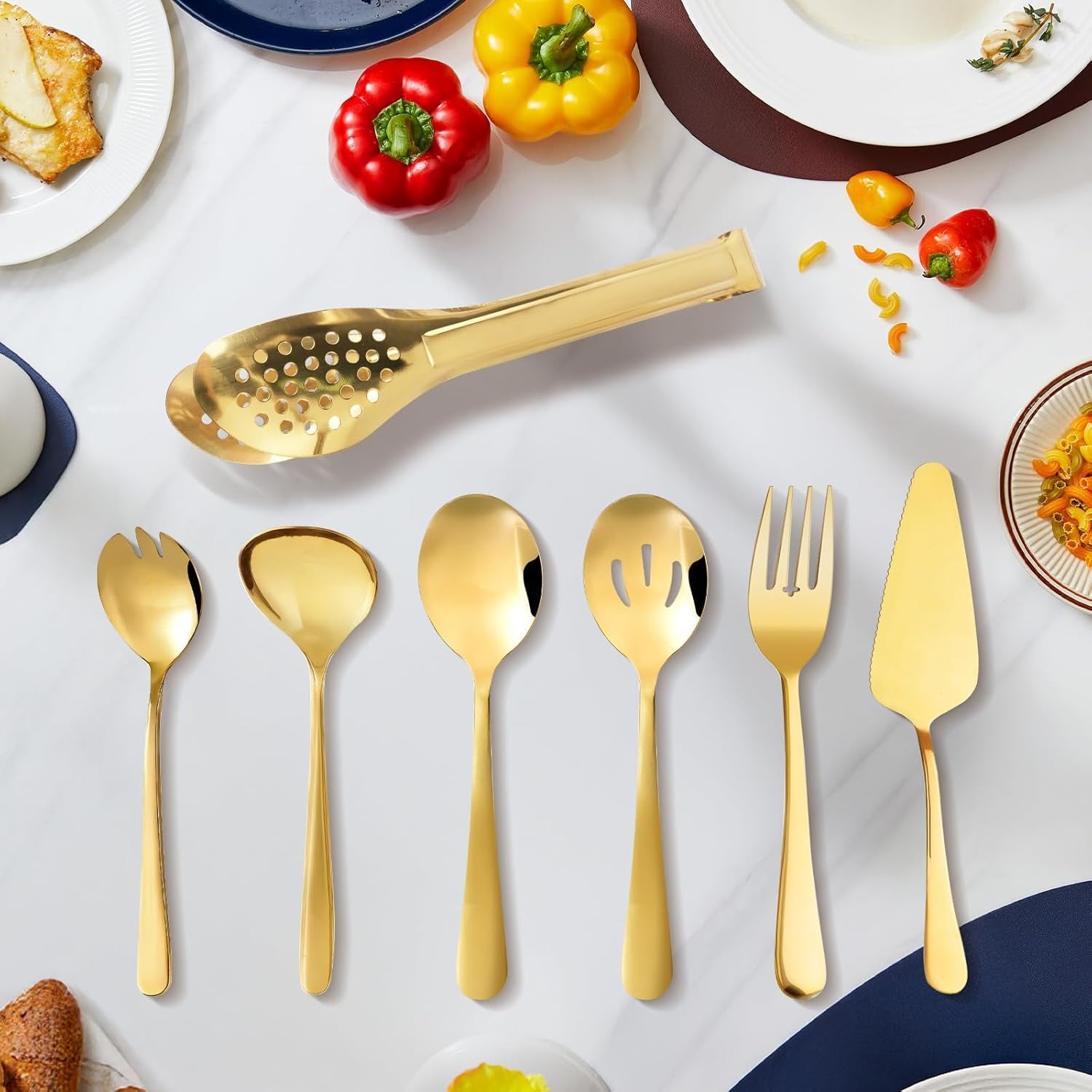 Gold Serving Utensils Set, 12 Pack Polished Stainless Steel, Includes Spoons, Forks, Tongs, Ladle, Cake Server (Gold)
