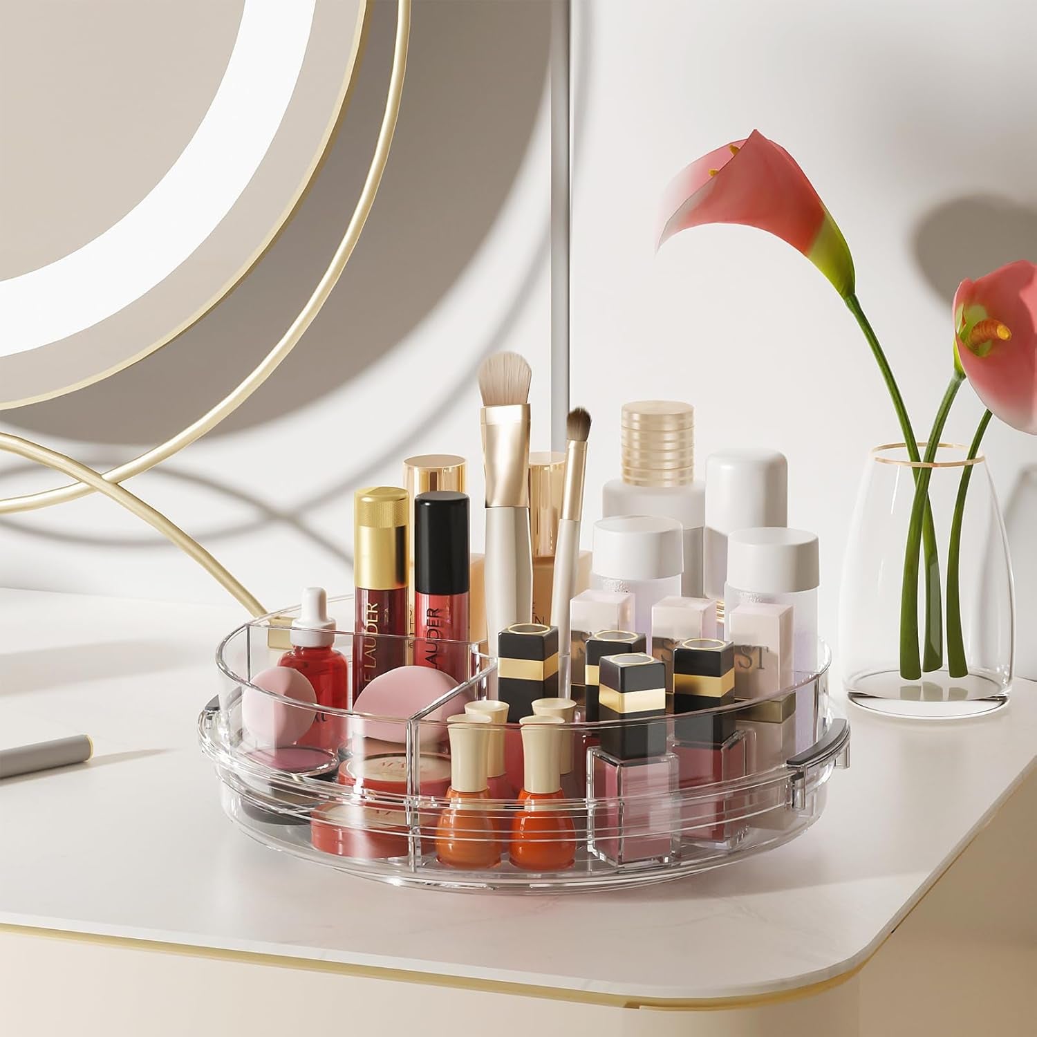 2 Pack Lazy Susan Turntable Organizer for Cabinet with 4 Removable Bins 10.6'' Rotating Condiment Snack Organizer Storage for Kitchen Pantry, Fridge, Bathroom, Medicine Cabinet Organizer