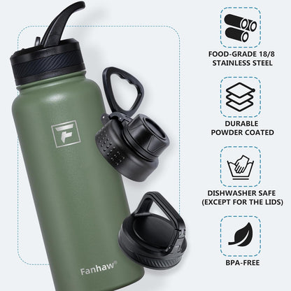 32 Oz Insulated Water Bottle – Portable Stainless Steel Flask with 3 Lids (Straw, Spout, Carabiner) | Leakproof, for Gym, Hiking, Work, Travel & Everyday Use (Olive Green)