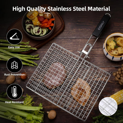 Portable Grill Basket,  BBQ Grilling Basket for Outdoor Grill with Removable Handle, Stainless Steel Camping Cooking Grill Accessories for Chicken Fish Vegetable