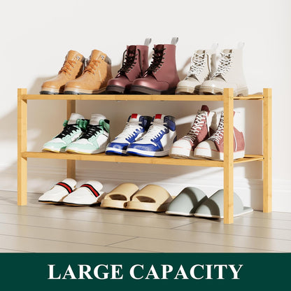 Shoe Rack, 2 Tier Bamboo Shoe Organizer, Stackable Free Standing Wooden Shoe Storage Shelf for Closet, Entryway, Front Door Entrance, Natural