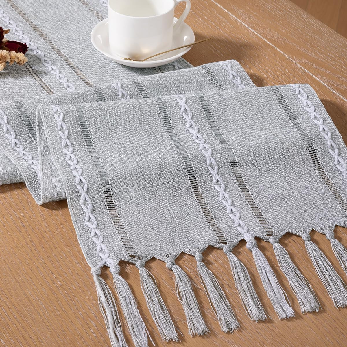 Farmhouse Table Runner 60 Inches - Macrame Woven Cotton Rustic Fall Thanksgiving Runner with Tassels for Boho Home Decor Living Dining Room - 13X60 Inches Silver