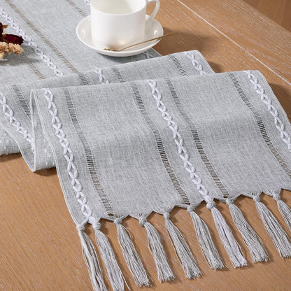 Farmhouse Table Runner 60 Inches - Macrame Woven Cotton Rustic Fall Thanksgiving Runner with Tassels for Boho Home Decor Living Dining Room - 13X60 Inches Silver