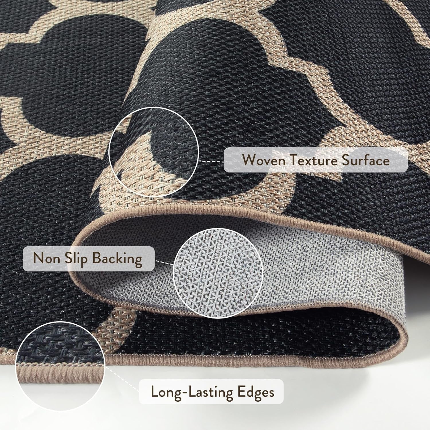 Moroccan Easy Jute Outdoor Entryway Rug, 3X5 Black Washable Front Porch Rugs for Balcony Bedroom, Farmhouse Trellis Neutral Thin Non Slip Small Carpet for Indoor Living Room Backyard Entrance