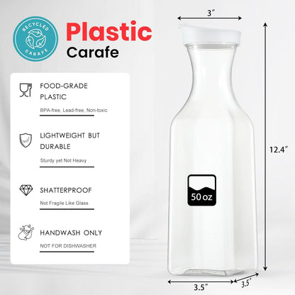 Plastic 50 Oz Water Carafe with Flip Top Lid, Set of 2 Square Base Juice Containers, Clear Plastic Pitcher - for Water, Iced Tea, Juice, Beverage, Cold Brew and Mimosa Bar - HAND WASH ONLY