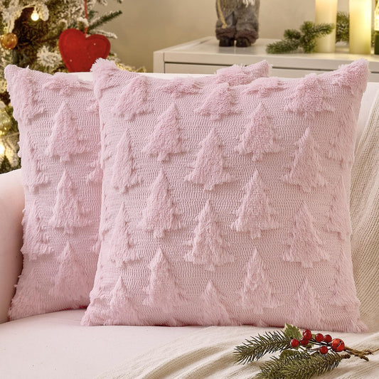 Christmas Throw Pillow Covers Pink Christmas Decorations Set of 2 Xmas Tree 18X18 Pillow Covers Soft Plush Faux Wool Pillowcases Holiday Festivals Winter Home Decor Sofa Couch Bed Porch