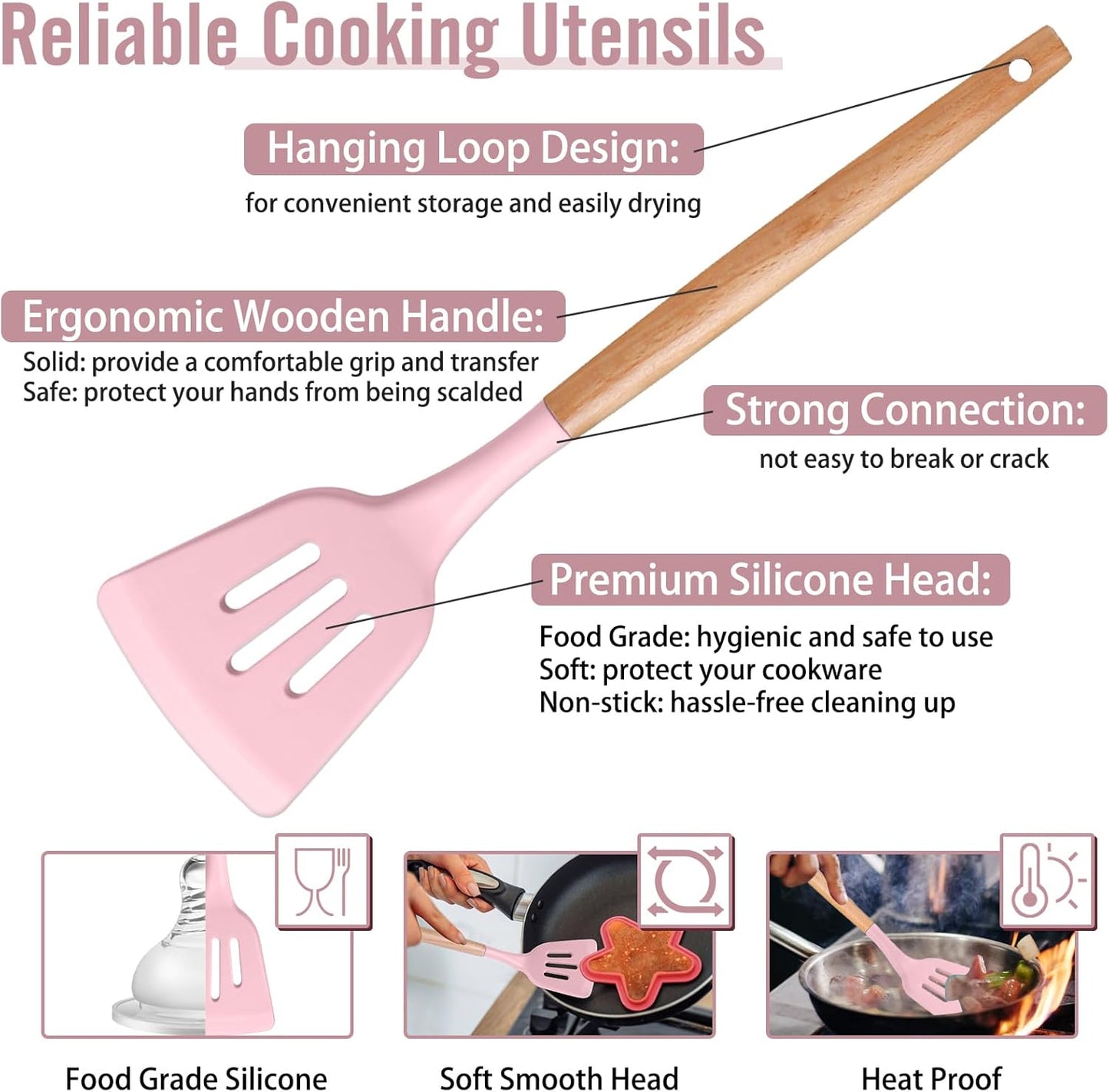Cooking Utensils Set, 6 PCS Kitchen Utensils with Wooden Handle, Silicone Spatula for Nonstick Cookware, Easy Clean & Non-Toxic, Pink