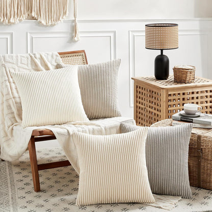 Set of 4 Neutral Grey Decorative Throw Pillow Covers 18X18 Inch for Couch Bed Sofa Bedroom, Modern Organic Boho Farmhouse Home Decor, Soft Fluffy Textured Corduroy Cushion Case 45X45 Cm