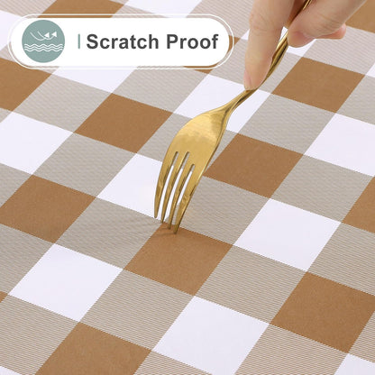 Rectangle Waterproof Vinyl Table Cloth, Buffalo Flannel Backed Tablecloth, Wipeable Plastic Table Cover for Fall, Thanksgiving (60" X 84", Brown and White)