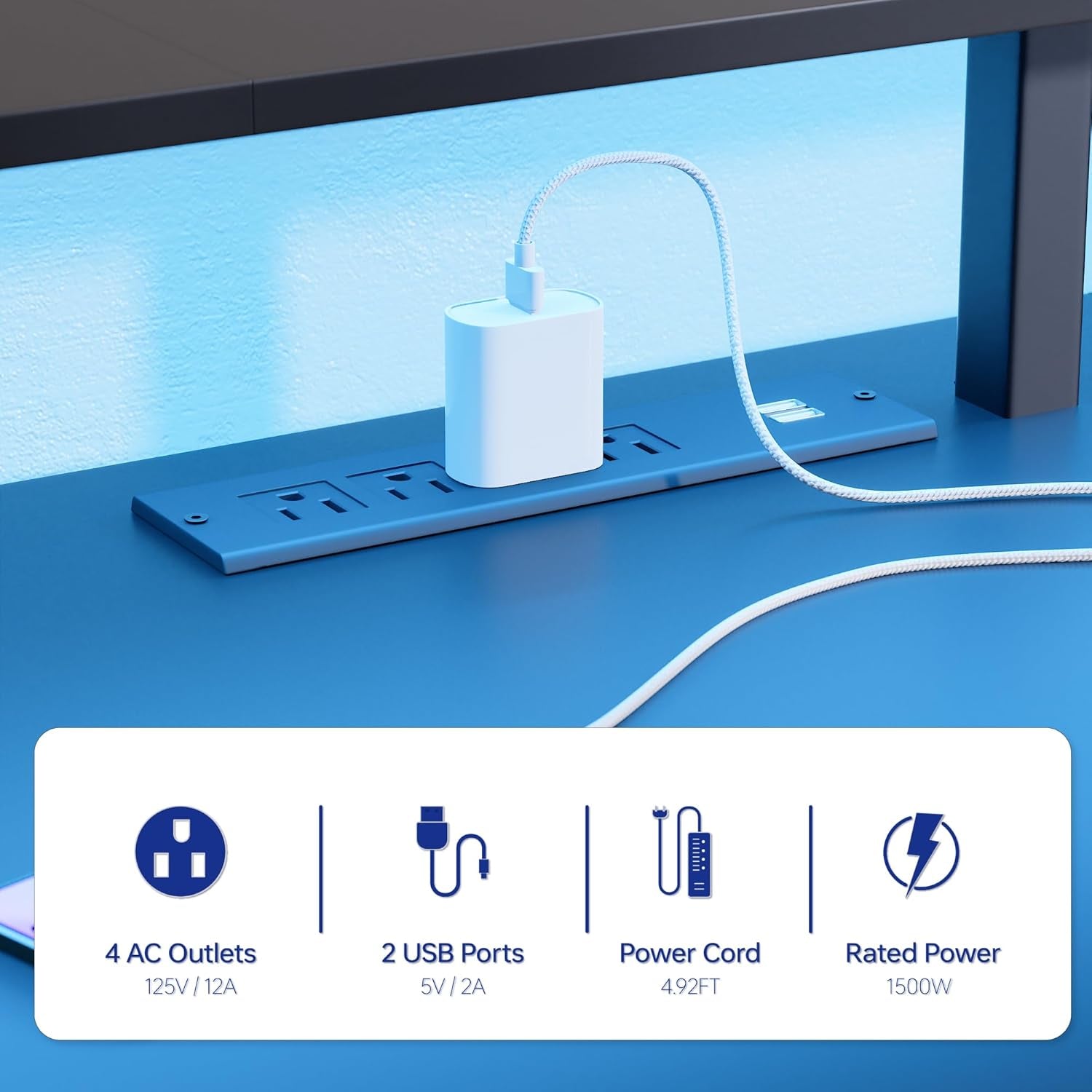 64 Inch L Shaped Gaming Desk with Power Outlets and Led Lights, Large Corner Computer Desk with Monitor Stand and Pegboard, PC Table for Home Office and Bedroom White