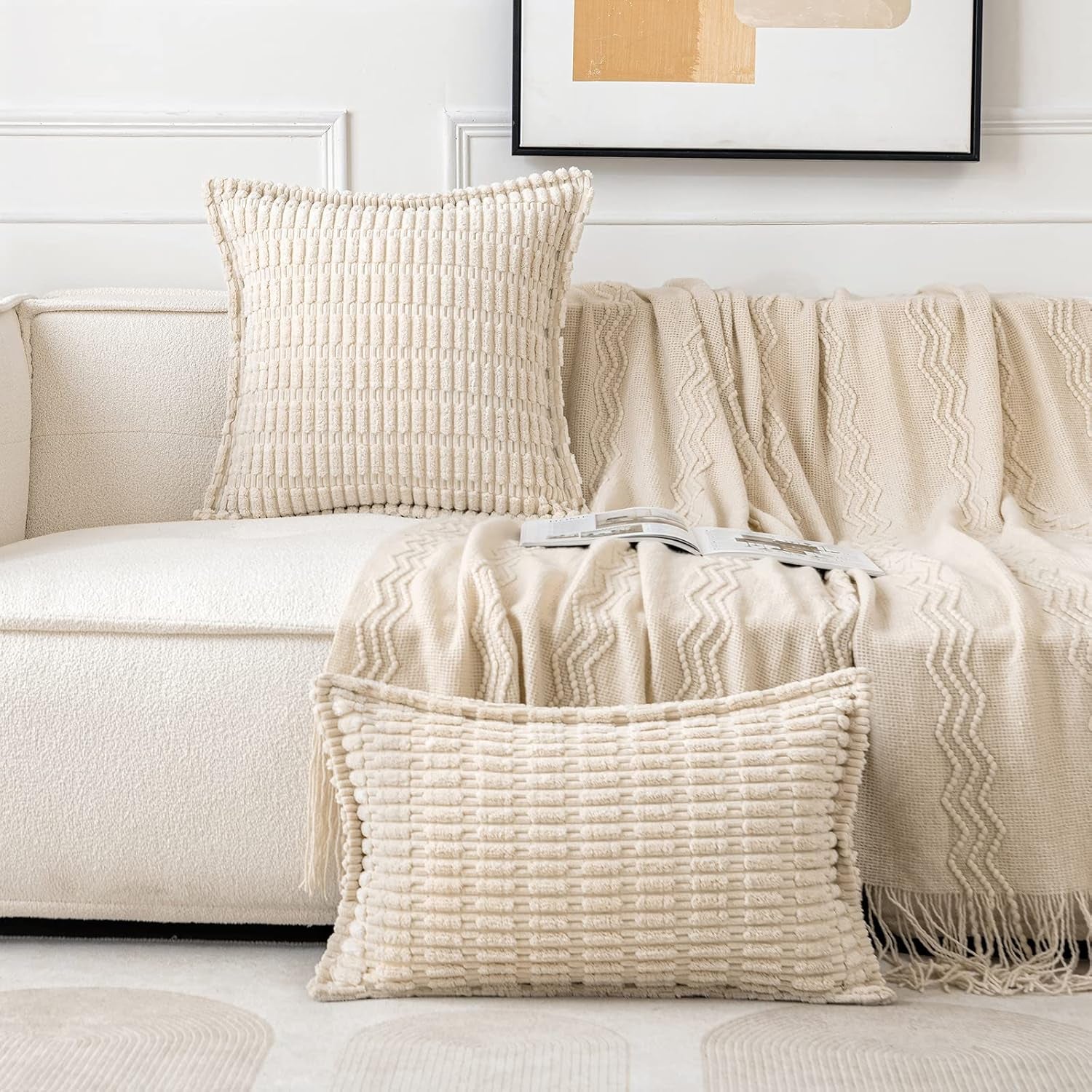 Cream White Corduroy Decorative Throw Pillow Covers Pack of 2 Soft Striped Pillows Pillowcases with Broad Edge Modern Winter Cute Boho Home Decor for Couch Sofa Bed 18X18 Inch